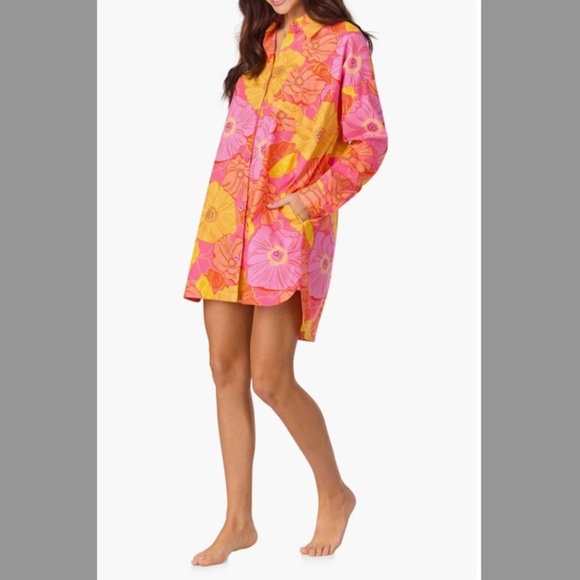 Floral Long Sleeve Organic Cotton Sleep Shirt In Sunkissed Poppies Sz Large - Picture 3 of 17